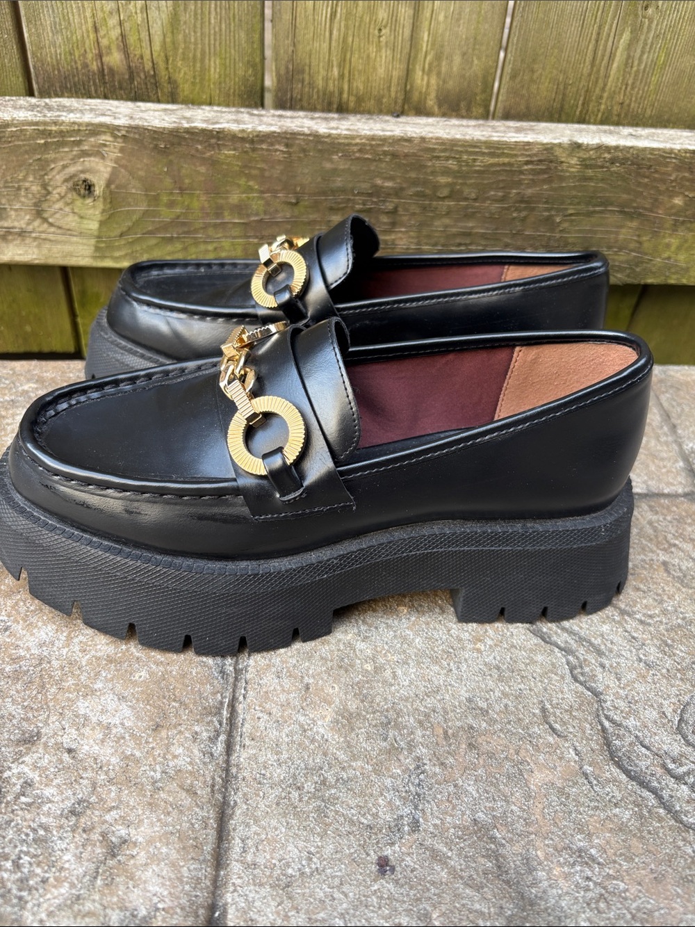 Zara Black Lug Platform Loafers with Gold Ring Hardware